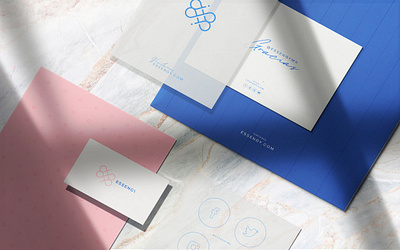 Essengy blue branding design elegant essengy logo pink stationery