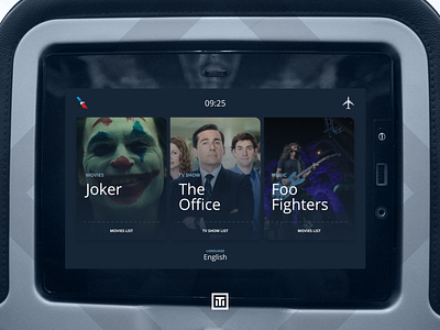 Airplane Infotainment Concept airplane american airlines blue button gradient home hour language movies music open sans tv show white