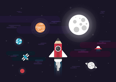 Pencil rocket flying to space background concept cosmos education flat galaxy icon illustration moon pencil planet rocket satellite science space spaceship star technology ufo universe