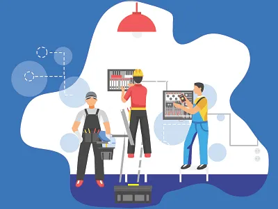 Man working in electrical installation job ammeter assembling board cable cabling check circuit commissioning control electric electrical electrician electricians electricity enclosures engineer engineering equipment flat illustration flat illustration people