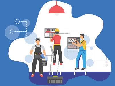 Man working in electrical installation job ammeter assembling board cable cabling check circuit commissioning control electric electrical electrician electricians electricity enclosures engineer engineering equipment flat illustration flat illustration people