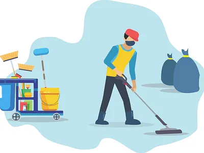 Man cleaning on the floor apartment background blue blurred broom brushes bucket carpet cleaner cleaning cuisine detergents dirt equipment flat illustration flat illustration people floor glove home housecleaning