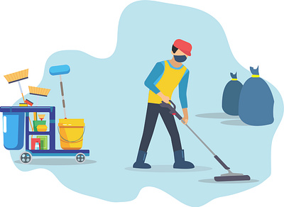Man cleaning on the floor apartment background blue blurred broom brushes bucket carpet cleaner cleaning cuisine detergents dirt equipment flat illustration flat illustration people floor glove home housecleaning