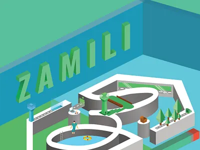 ISOMETRIC ZAMILI LOGO 3d text animation box design illustration isometric isometric design logo pencil pool road tree vector