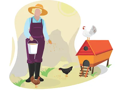 Woman give a food for rooster agriculture animal background bird cartoon chicken circle cock cute domestic drawing egg eggs farm farming feather food fried funny giving