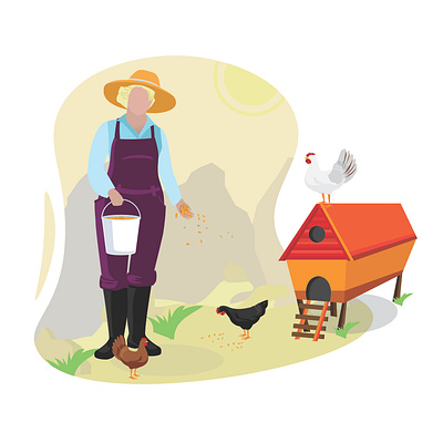 Woman give a food for rooster agriculture animal background bird cartoon chicken circle cock cute domestic drawing egg eggs farm farming feather food fried funny giving