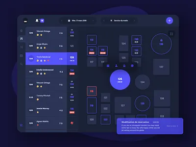 Booking restoration application app application black booking branding dark design flat minimal notification purple restaurant restauration restoration seat sitting table tablet ui ux