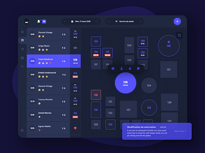 Booking restoration application app application black booking branding dark design flat minimal notification purple restaurant restauration restoration seat sitting table tablet ui ux