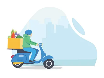 Man delivery packaging box to customers app background banner bike box boy business cartoon character city concept courier deliver delivery design drive express fast flat food