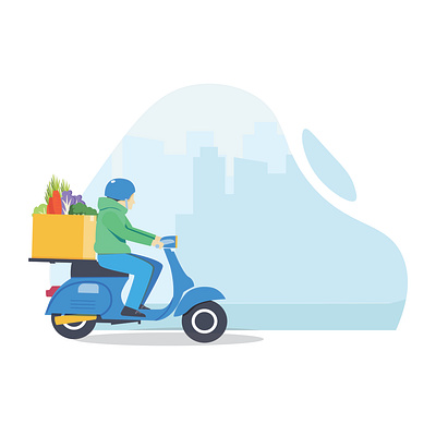 Man delivery packaging box to customers app background banner bike box boy business cartoon character city concept courier deliver delivery design drive express fast flat food
