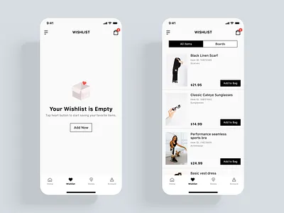 Trendy E-commerce App UI kit add app boards clothing design e commerce empty items kart kits minmal products save shop shopping store style ui ux wishlist