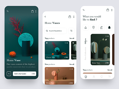 Interior Shop Mobile App Design app cards chandelier clean decor green home interface interior interior design lamp lamps mobile app navigation products vase white