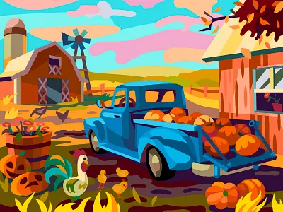 Farm Car art cartoon comic design digital farm halloween illustration pumpkins vector