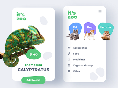 it's zoo animals app cart cat clean colorful colors dog e commerce hamster illustration light menu minimal shop store ui ux zoo