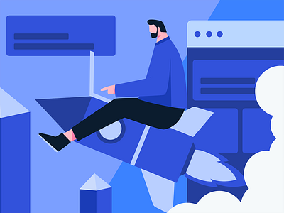System upgrade man sitting on spaceship, app branding color design flat illustration logo mobile vector web
