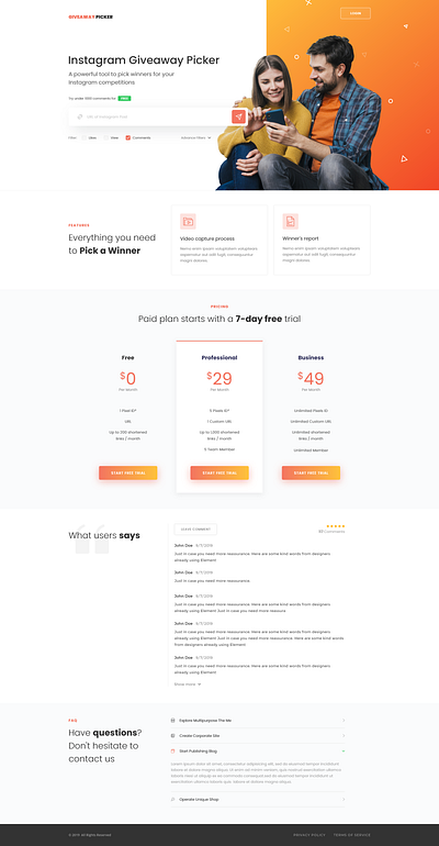 Giveaway Picker clean filter hero image input field landing page orange ui ux website xd yellow