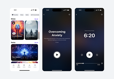 Meditation Screens app application audio cards health healthcare meditation mobile ui player yoga