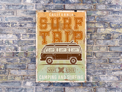 Surfing van art beach bus camping cartoon flyer illustration journey ocean placard poster summer surf surfing trip van vector vintage wave