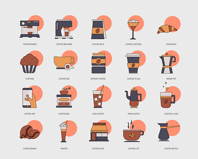 20 COFFEE ICONS PACK COLORED design flat graphic icon illustration