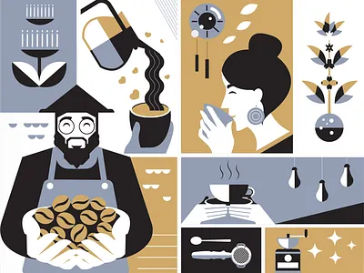 All about coffee barista blackandwhite branding brown coffee coffee shop company debut debut shot design flat icon illustration landingpage leaves minimal minimalist mural packaging web illustration