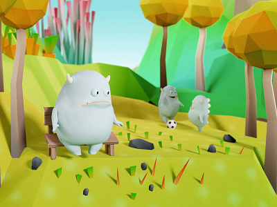 Gluton, sad monster 3d ball forest illustration lowpoly monster sad