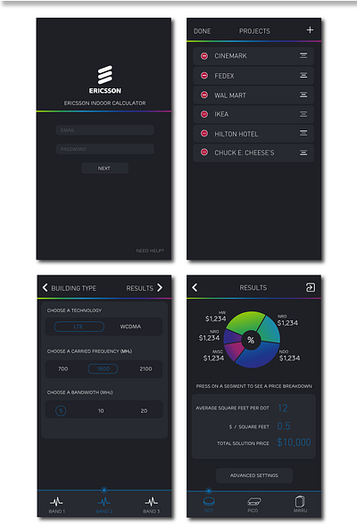 EIC - Ericsson Indoor Calculator adobexd app app design application dark mode dark theme dark ui rainbow telecom ui ux xd