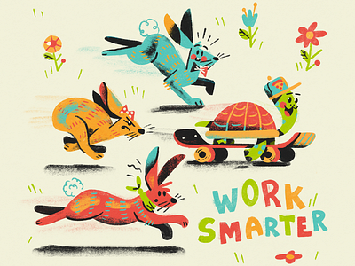 Skateboarding Tortoise bright bunny hare kids midcentury quote rabbit smarter tortoise turtle