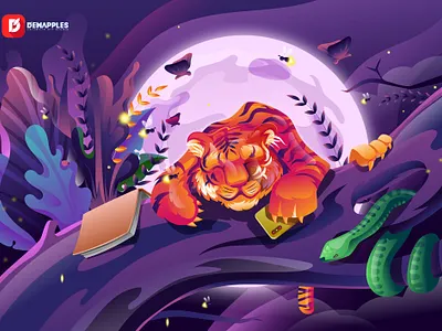Relaxing Tiger Illustration abstract design animals branding cartoon characterdesign dreamy forest hero image illustration design illustrator jungle landing page sleeping snake tiger ui webdesign