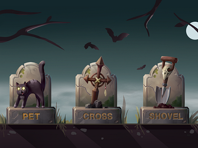 Game Icons. Pet Sematary 2d art cat cemetery concept art concept design cross digital fog foggy game art gravestone icons iconset illustration night pet sematary pet semetery shovel skull stephen king