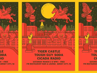 Gig Poster alien invasion aliens bats brownstones creatures gig poster halloween illustration monster monsters moth nyc pegasus skyline space spooky spooky art ufo
