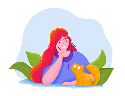 Girl and her wonderful cat animal background blue cat character dream girl grass illustration kitten nature owner park people pets picture red vector woman