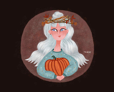 Autumn girl portrait autumn autumn leaves blue brown cute girl illustration nature october orange portrait pumkin september warm colors woman wreath