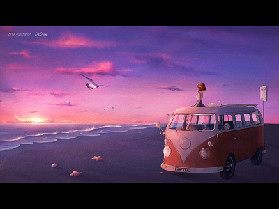 Sunset glow bus environment illustration illustrator light sea sky