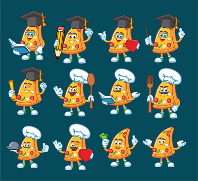 PIZZA mascot cartoon charachter chef design graduate logo love mascot money mustache pizza spoon spork