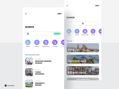 Travel App - Search activities app countries cyprus destination find hiking iphone map mobile app design mobile ui nature places search search bar search results searching sports suggestion travel