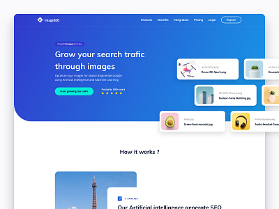 ImageSEO Homepage app artificial intelligence blue branding design gradient ia image login machine learning purple register seo startup tool trusted ui ux web website