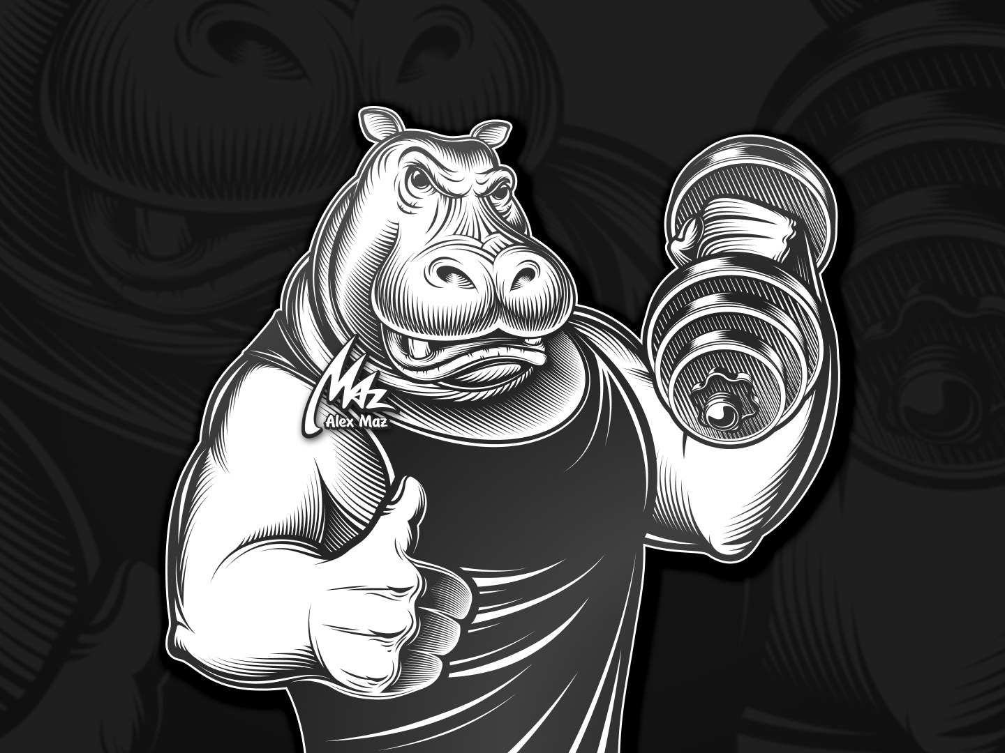 Hippo Gym Logo Mascot - vector art black and white bodybuilder cartoon character character design engraving fitness gym hand drawing hippo illustration line art logo mascot print retro sport vector vintage