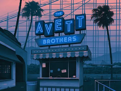 The Avett Brothers Poster amusement park band band merch california concert gig poster illustration neon neon sign nighttime palm trees poster sunset