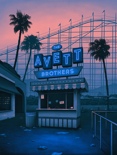 The Avett Brothers Poster amusement park band band merch california concert gig poster illustration neon neon sign nighttime palm trees poster sunset