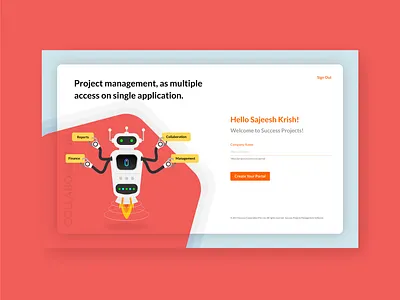 WelcomeScreen collaboration design illustraion managment multiple project project managment red reports robot rocket ui ui ux uidesign welcome welcome page welcome screen white