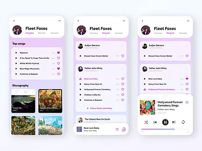 DISCOVER app design clean design discovery fleet foxes gradient interaction design ios mobile mobile app design mobile ui music music app music player music player app music player ui ui