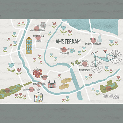 Illustrated Map of Amsterdam amsterdam digital illustration digital painting editorial art editorial illustration editorial map illustration map map of amsterdam
