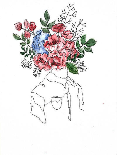 "Flower head" design illustration line art lineart linework watercolor watercolour painting