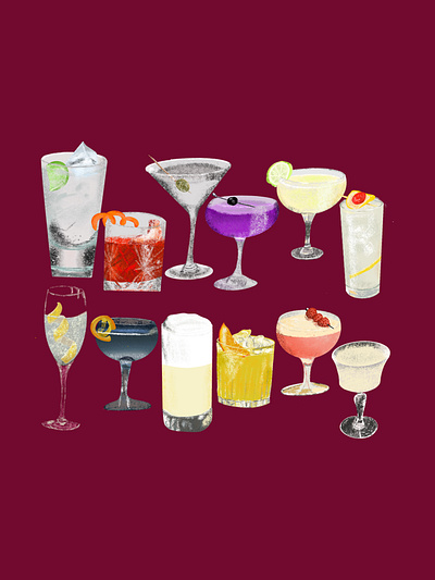 Gin Cocktails alcohol apple pencil booze cocktail corpse reviver french 75 gimlet gin gin and juice gin and tonic gin cocktails gin fizz ipad ipadpro liquor martini negroni procreate tom collins vesper