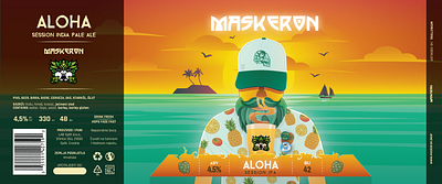 Maskeron Aloha artwork aloha beach beer beer label branding hops illustration island sea sky summer sunset vector