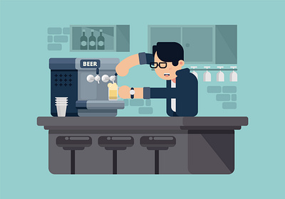 Bartender beer pumping vector Illustration adult alcohol background bar barkeeper barman bartender beard beverage bottle business cartoon clipart club cocktail counter design drink fashionable flat