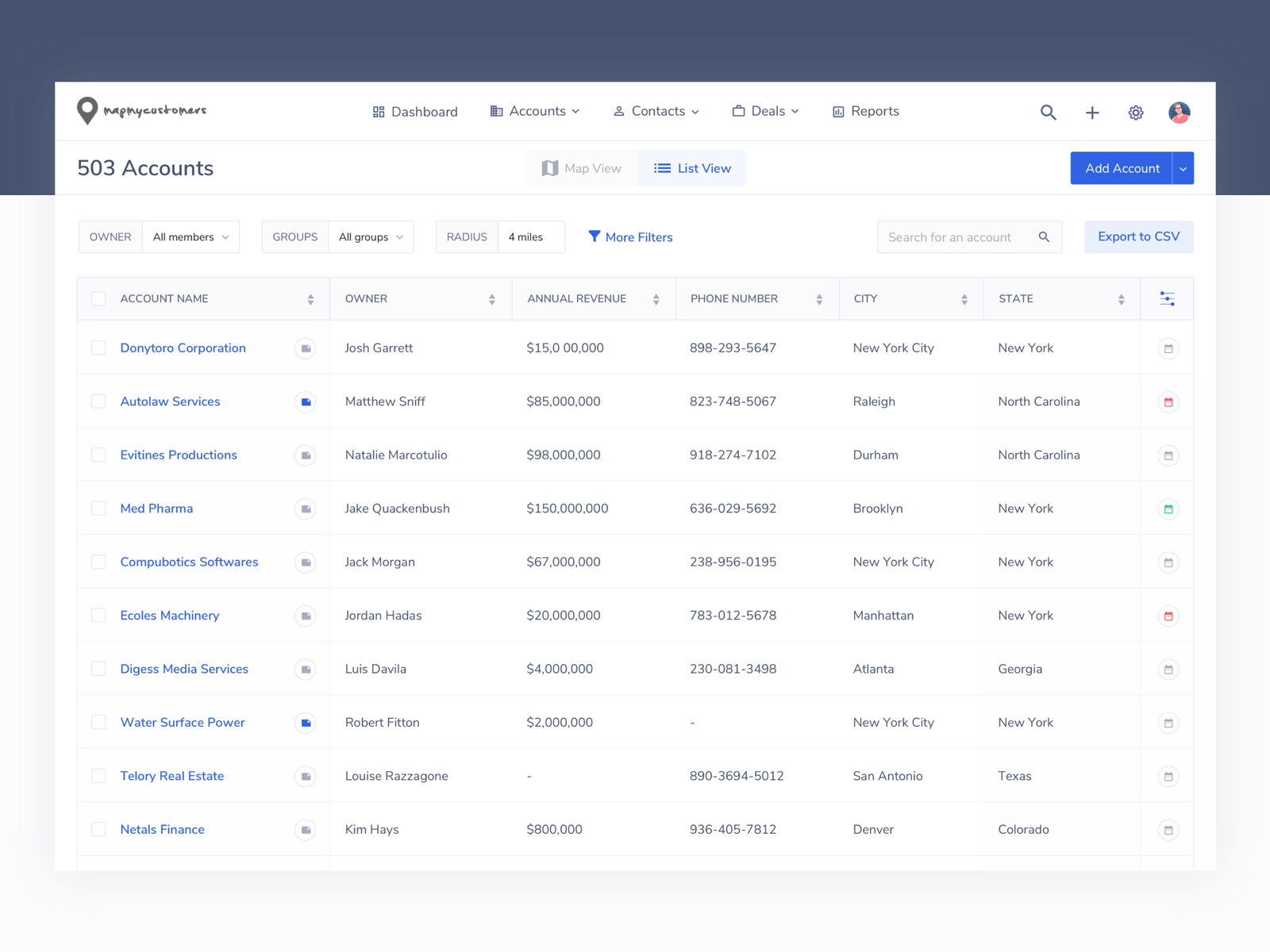 Accounts List View activities b2b b2b sales column crm dashboard data data visualization design information architecture list notes product saas table ui design ux ux design view visualization