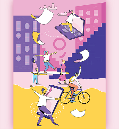 Friday, 6 PM corporate dance dancing friday happiness happy illustration illustration art people technology vector weekend