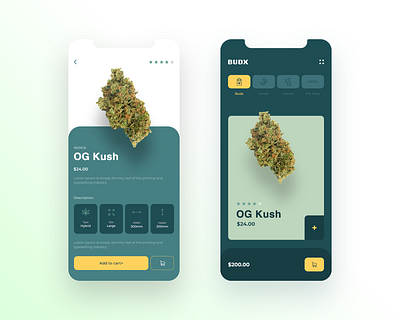 BudX - Weed Concept Shop app app design cannabis cbd design design system e comerce e commerce app e commerce design flat kush marijuana minimal mobile mobile app mobile design product design thc ui ux