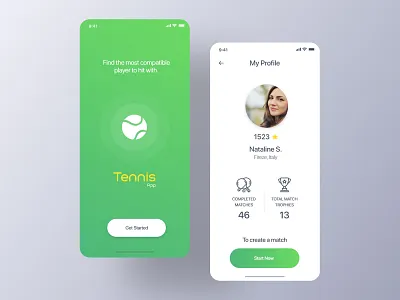 Tennis App - Welcome Screen & Profile android app app design dashboad freelancer game inspiraldesign inspiration instagram interface ios match material design scores tennis ui uidesign uiux ux uxdesign